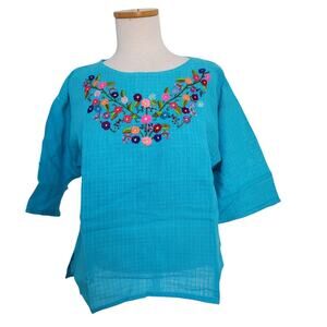 New Guatemalan Embroidered Woven Folk Art Blouse Turquoise Small Craftcore